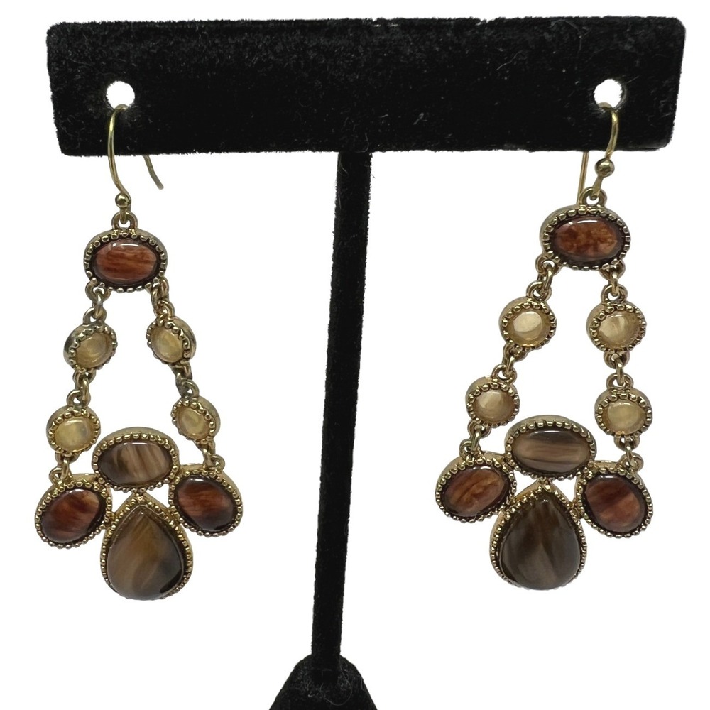 Chandelier Earrings Gold Tone Brown Tan Cabochon Beads Pierced Wire